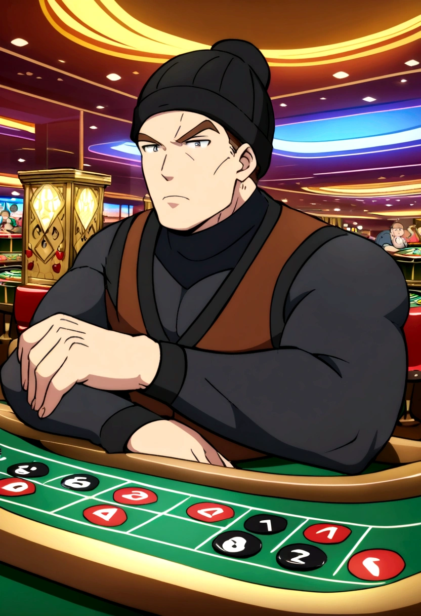 Fit guy with black beanie hat and medium long brown hair gambling in a casino, anime style