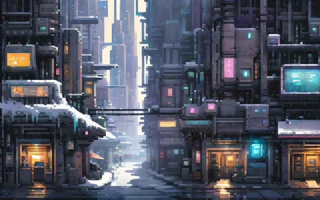 City at winter, Sidescroller game level, A futuristic cyberpunk city controlled by robots, pixel art painting by Yoko Tsuno, best quality, masterpiece, high details, Ultra intricate detailed