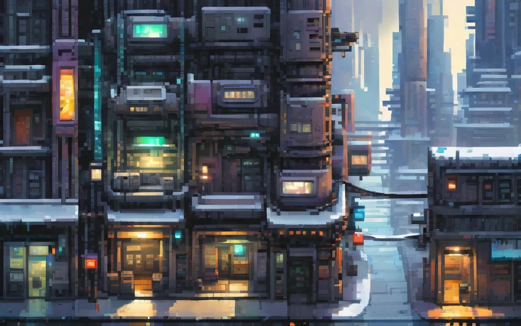 City at winter, Sidescroller game level, A futuristic cyberpunk city controlled by robots, pixel art painting by Yoko Tsuno, best quality, masterpiece, high details, Ultra intricate detailed