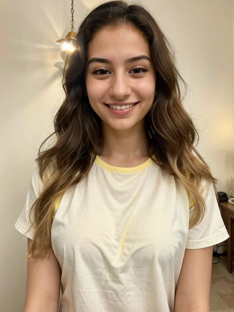20YO, small nose, one women,attractive, Jordanian, Arab, Bright Yellow shirt, cute smile, cute face, white teethes, skinny face, light brown eyes, black/blonde long hair, modest