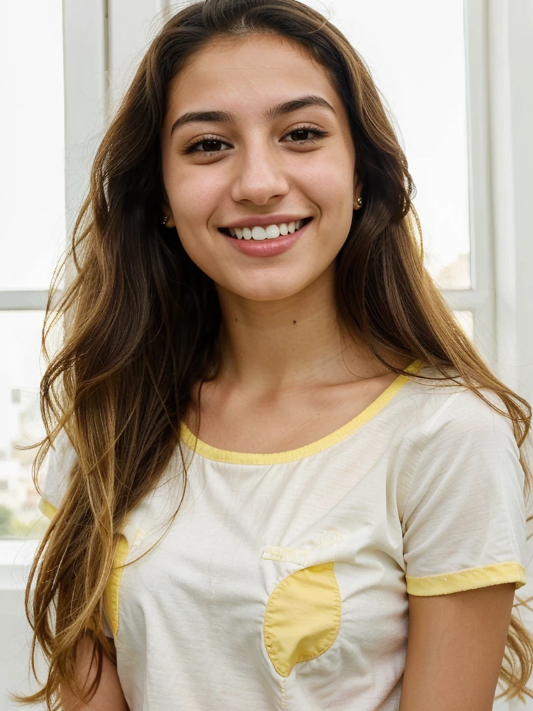 20YO, small nose, one women,attractive, Jordanian, Arab, Bright Yellow shirt, cute smile, cute face, white teethes, skinny face, light brown eyes, black/blonde long hair, modest