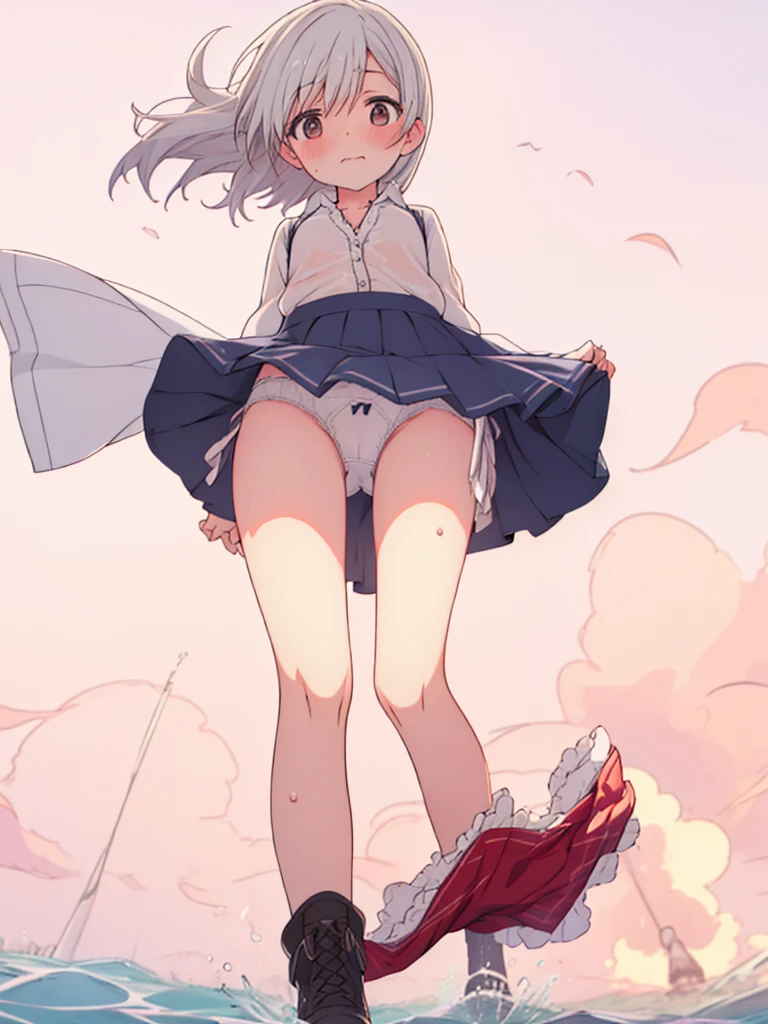 、(((The wind blowing up from below flips up my skirt)))、cotton white simple undies、See-through clothing、Unnatural smile、Wet and 、Small face、(Blushing and embarrassed),girly fashion、Children's clothing、red blush、Cartoon Storyline、((Angle from below：1.5)), pantie shot,Lower 、front 、open one's legs、  display、 bite、Emphasis on the 、white 、soaked