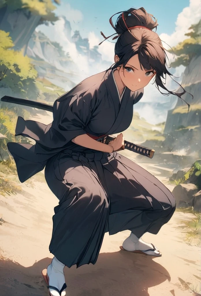 1girl, solo, samurai, hair up, japanese clothes, kimono, large breasts, hakama, tabi, from side, iaidow, katana, holding sword, ready to draw, sheathed, unsheathing, scabbard, fighting stance, battoujutsu stance, outdoors, dappled sunlight, grass, tree, cherry blossom, falling petals, falling leaves, mountain, depth of field, cinematic angle, (masterpiece), (best quality), (ultra-detailed), very aesthetic, illustration, perfect composition, intricate details,