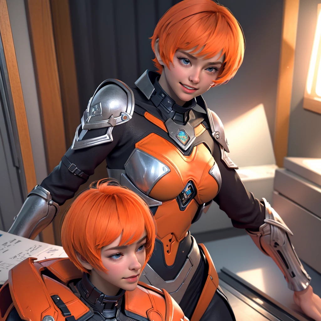 work of art, best qualityer, Gwendolyn_Tennyson, orange short hair, side bangs, blue hair clip, giggling, blue armor