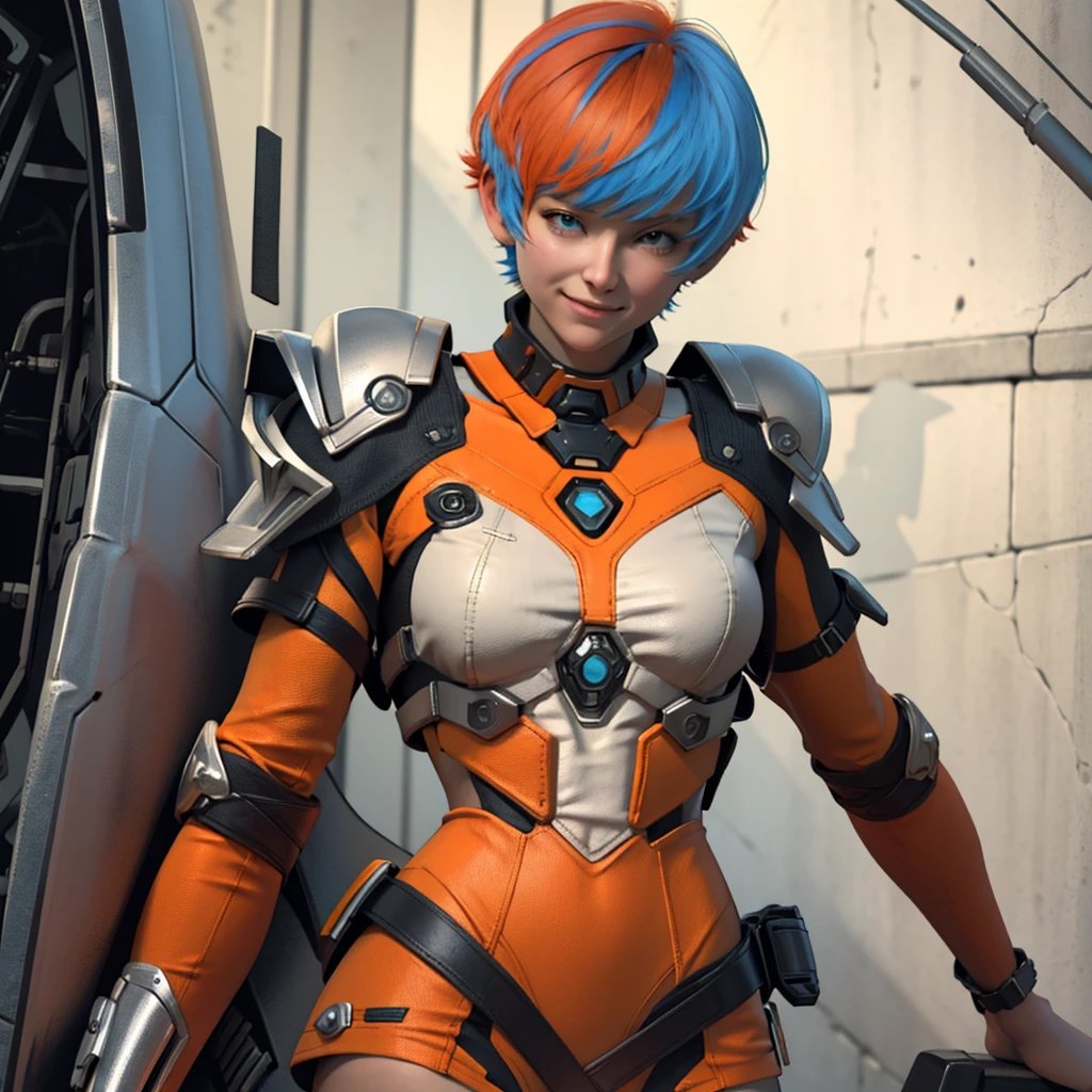 work of art, best qualityer, Gwendolyn_Tennyson, orange short hair, side bangs, blue hair clip, giggling, blue armor