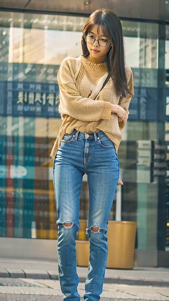 Cute tan Chinese girl wearing glasses, tight jeans, desperate to pee