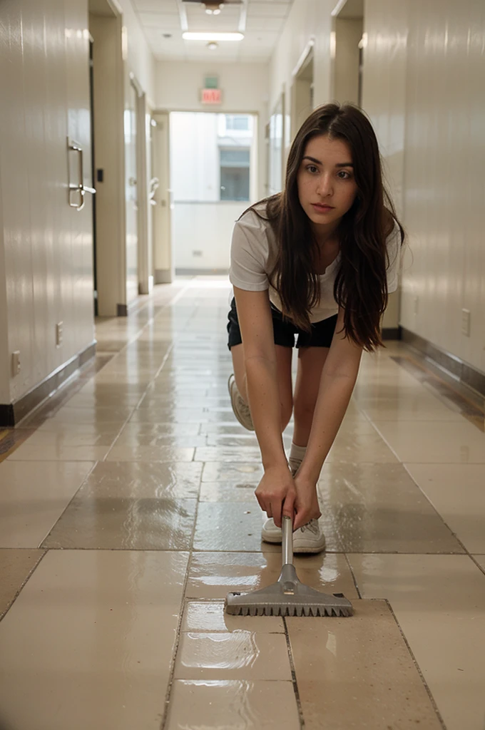 arafed woman sweeping the floor in a school hallway, high school, sweeping, clean detailed, super clean, miranda meeks, katey truhn, puttin, rachel wall, clean, alana fletcher, crisp and sharp, maintenance, clean line, jenna barton, b - roll, clean composition, nice composition, very clean, majestic sweeping action, perfect detail,