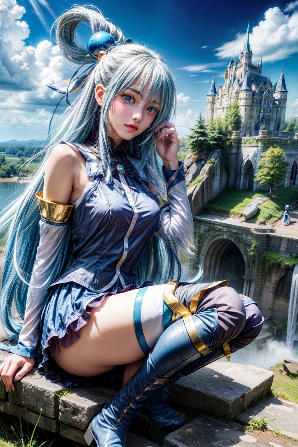 (masterpiece,Vibrant,detailed,High resolution)  Aqua \(KonoSuba\)  blue eyes, Blue footwear, Blue Hair, blue Knee socks, boots, , bubble, White sleeves, hair ornaments, Hair Ring, Long Hair, medium , シングルHair Ring, skirt, alone, thigh boots, Knee socks, very Long Hair, white Knee socks, kono subarashii sekai ni shukufuku wo!, grassland, Dilapidated castle in the distance, blue sky, Sitting on a rock，Portraiture