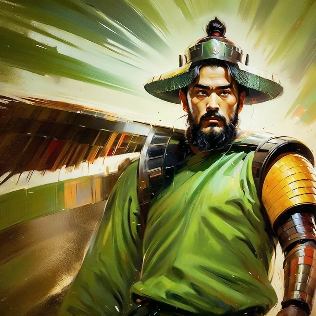A full-length portrait of Liu Bei of ancient China. His appearance only has a beard on the tip of his chin, and his hair is a unique Chinese cliché. He is soft but charismatic. He is wearing a light green wooden armor