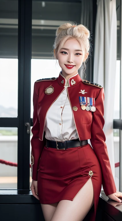 Highest quality, 4K, 8K, beautiful girl, Korean Makeup, Red lips, Platinum Hair, smile, Clear Face, thigh, Perfect body, Medium Chest, uniform, Second World Warの衣装, Second World War, Military blue outfit, Military Perspective,