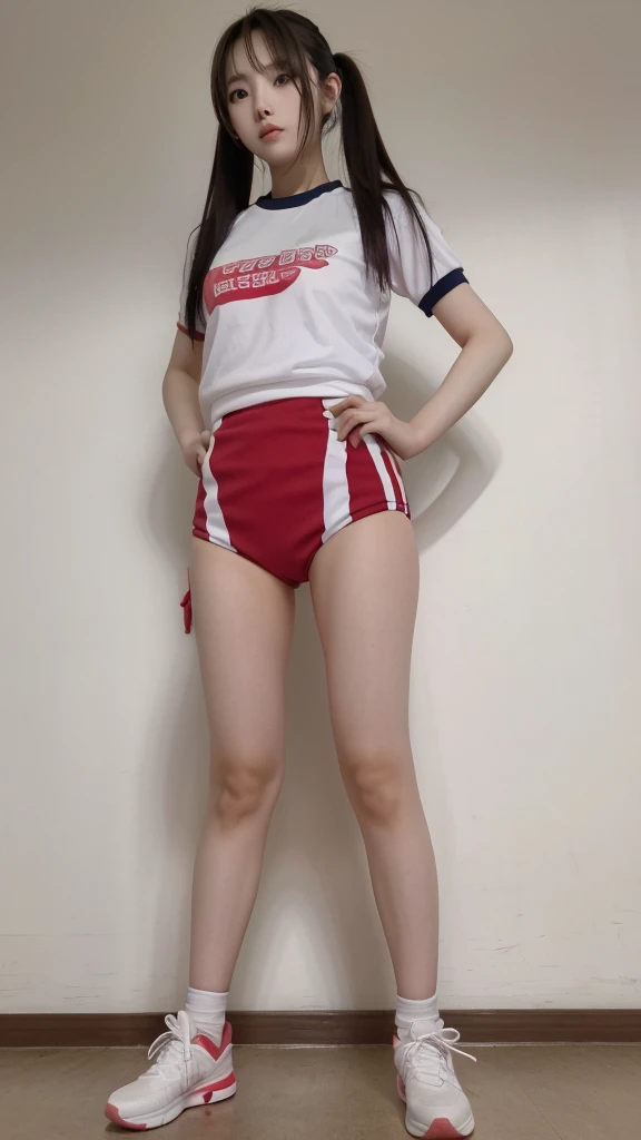 Korean lady in volleyball uniform full body standing 80s style 
