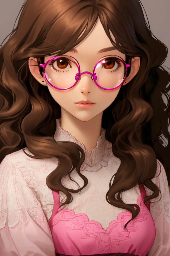 I need a semi-realistic anime style girl with brown eyes, long wavy brown hair, and round glasses the girl must wear a pink and modern princess dress
