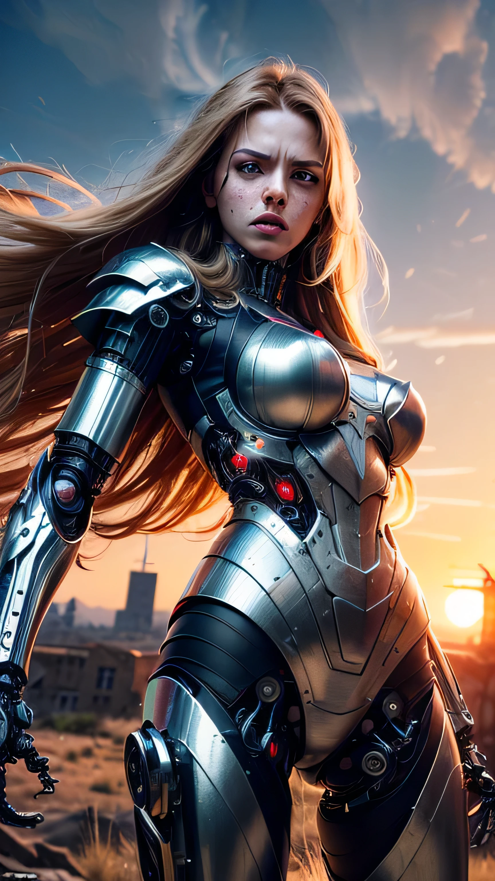 (masterpiece, photorealistic:1.4, extremely intricate:1.3), (photon mapping, radiosity, physically based rendering, ultra resolution, hyper-realistic, hyper-realistic, 8K, (dtx)), muscular girl, ((Sumptuous armor from the late Renaissance, black gold chrome perfectchainmail armor:0.8, ((mechanical limbs, cybernetic arms, futuristic cyborg, ((weapon)))), angry, intense, [skin detail:freckles:0.7])), metal reflections, outdoors, sunset, background futuristic battlefield, far away city destruction, skylaser crater, professional photograph, (long straight ginger hair, wind, windy, running dynamic movement pose, arm raised), sharp focus, dramatic, award winning, (film grain, bokeh, interaction)