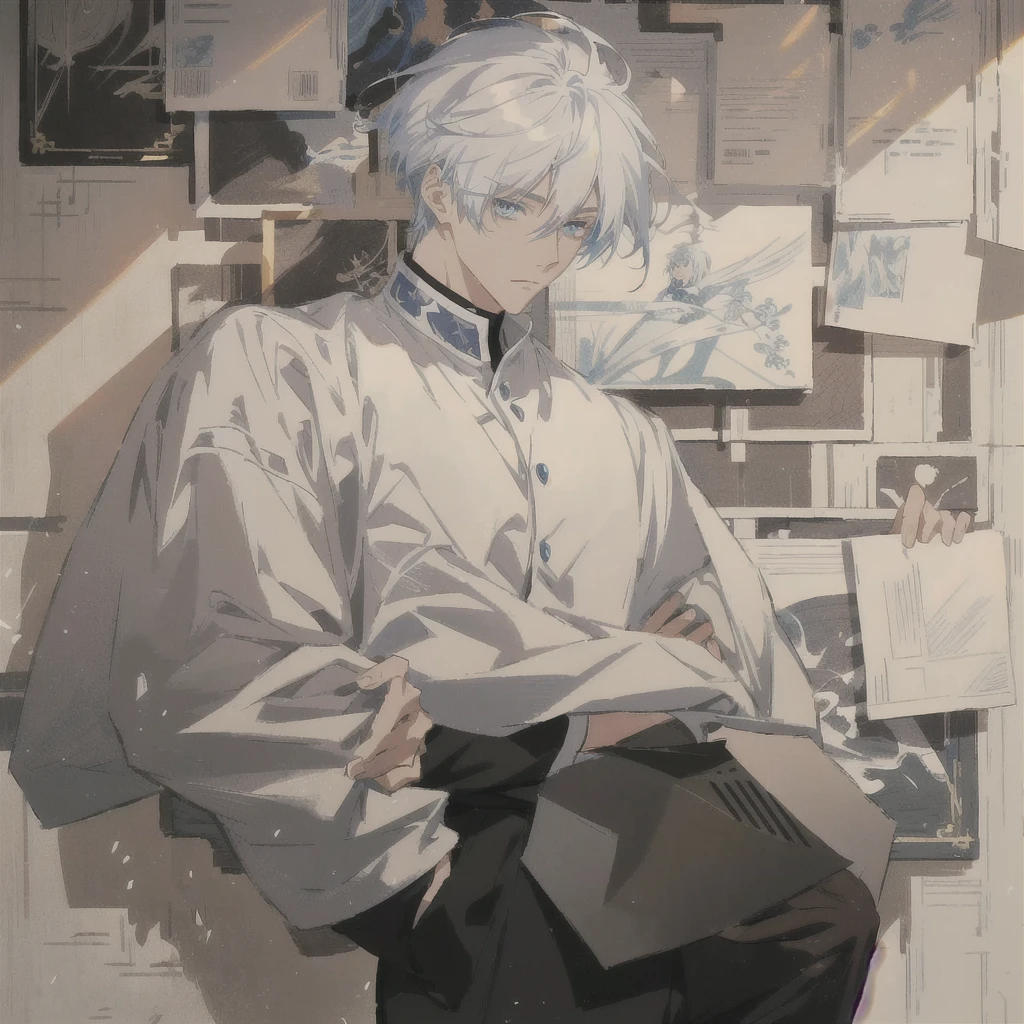 anime character with white hair and black pants standing in front of a wall of papers, handsome anime pose, male anime character, artwork in the style of guweiz, young anime man, tall anime guy with blue eyes, anime full body illustration, white haired, detailed anime character art, pixiv daily ranking, anime aesthetic