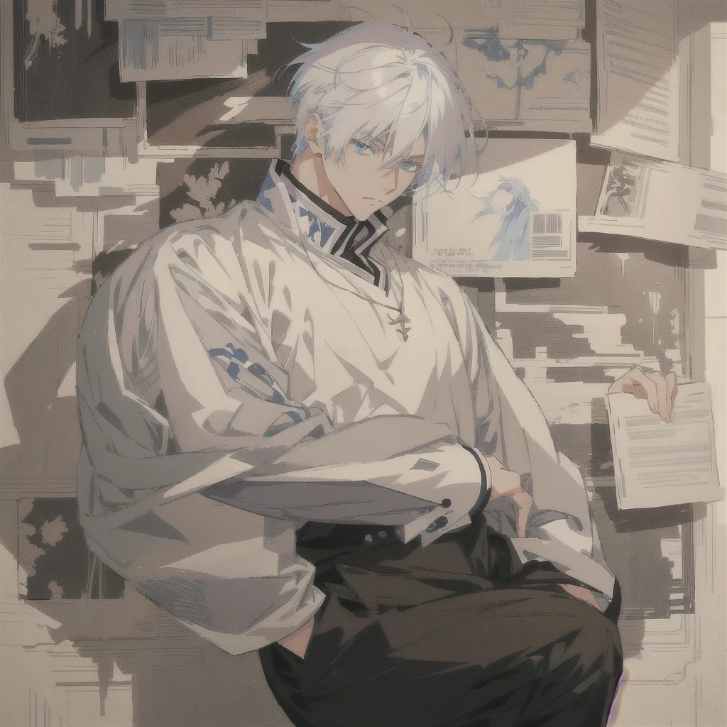 anime character with white hair and black pants standing in front of a wall of papers, handsome anime pose, male anime character, artwork in the style of guweiz, young anime man, tall anime guy with blue eyes, anime full body illustration, white haired, detailed anime character art, pixiv daily ranking, anime aesthetic