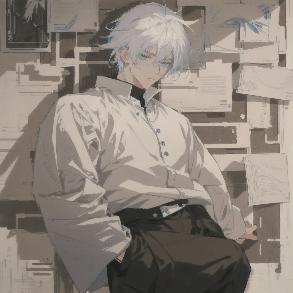 anime character with white hair and black pants standing in front of a wall of papers, handsome anime pose, male anime character, artwork in the style of guweiz, young anime man, tall anime guy with blue eyes, anime full body illustration, white haired, detailed anime character art, pixiv daily ranking, anime aesthetic