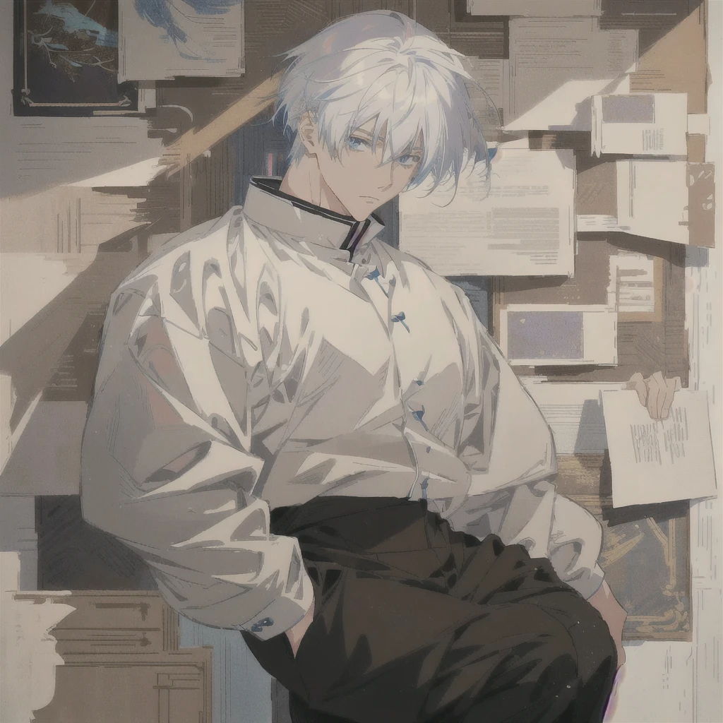 anime character with white hair and black pants standing in front of a wall of papers, handsome anime pose, male anime character, artwork in the style of guweiz, young anime man, tall anime guy with blue eyes, anime full body illustration, white haired, detailed anime character art, pixiv daily ranking, anime aesthetic