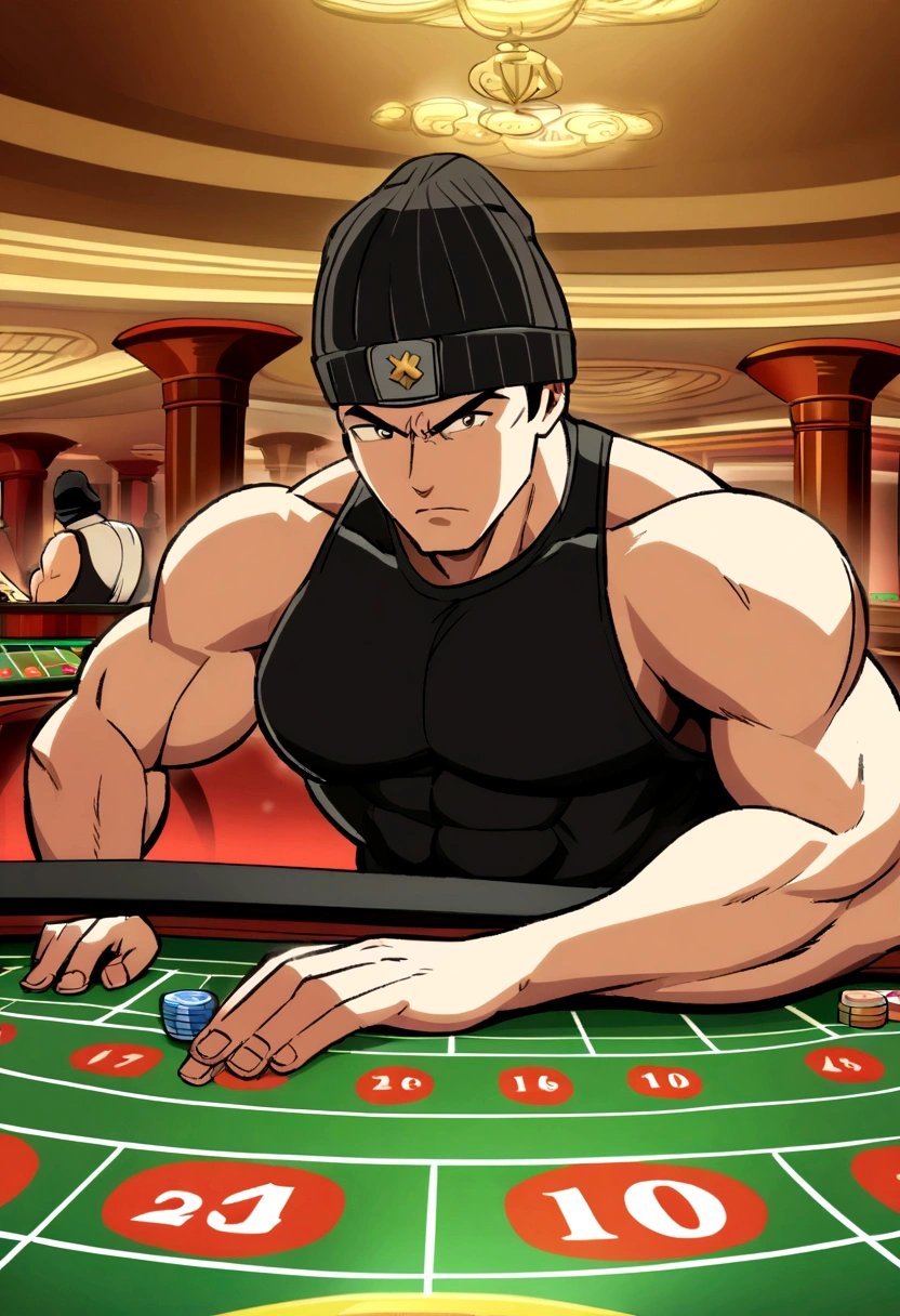 Fit guy with black beanie hat and medium long brown hair gambling in a casino in a gambling manner, epic anime style