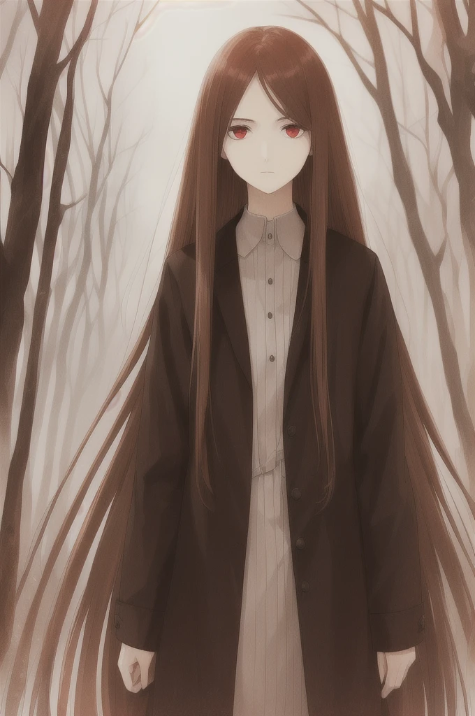 woman, long straight light brown hair, red eyes, with old clothes, dark inhabitant of terror, alone