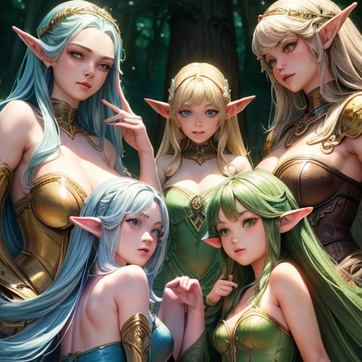 (((masterpiece))), Highest quality, Depicting a group of beautiful female elves、Highly detailed gouache style painting portrait, Smooth Shadows, Ultra-realistic textures, 8K, Highest quality, Characteristics of realistic manga, Stylized illustration, Smooth Shadows, Correct Anatomy, chromatic aberration, Neon Highlights, Global Warming Light, Dynamic pose, Expressive