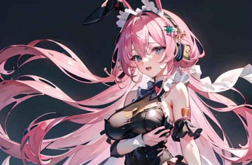 between legs ,smile,open mouth,pleasure,blush,embarrassed,(((low angle))),(best quality, 8k, masterpiece:1.2, nsfw,ultra-detailed,realistic,photorealistic,anime,Soft lighting,Bokeh), luka_megurine \(vocaloid\),sakura luka,1girl,Anime-like beautiful girl,silky smooth and very beautiful skin,very beautiful embarrassed face,Ordinary chest, 5headed body,Skinny type,Not muscular,5This refers to,Manicure is cherry colored, break, Perfectly beautiful figure,Height 162cm,Bust 87cm,Waist 56cm,Hip 85cm, blue eyes, girl, very long hair, purple eyes, long hair, solo, (bangs, pink hair, shining hair, light pink hair, ),official alternate costume, (((bunny leotard))), hair ornament, collarbone, (((casual leotard)), (((black frilled leotard:1.4))),(((ribbon_trimmed leotard,frilled leotard))).