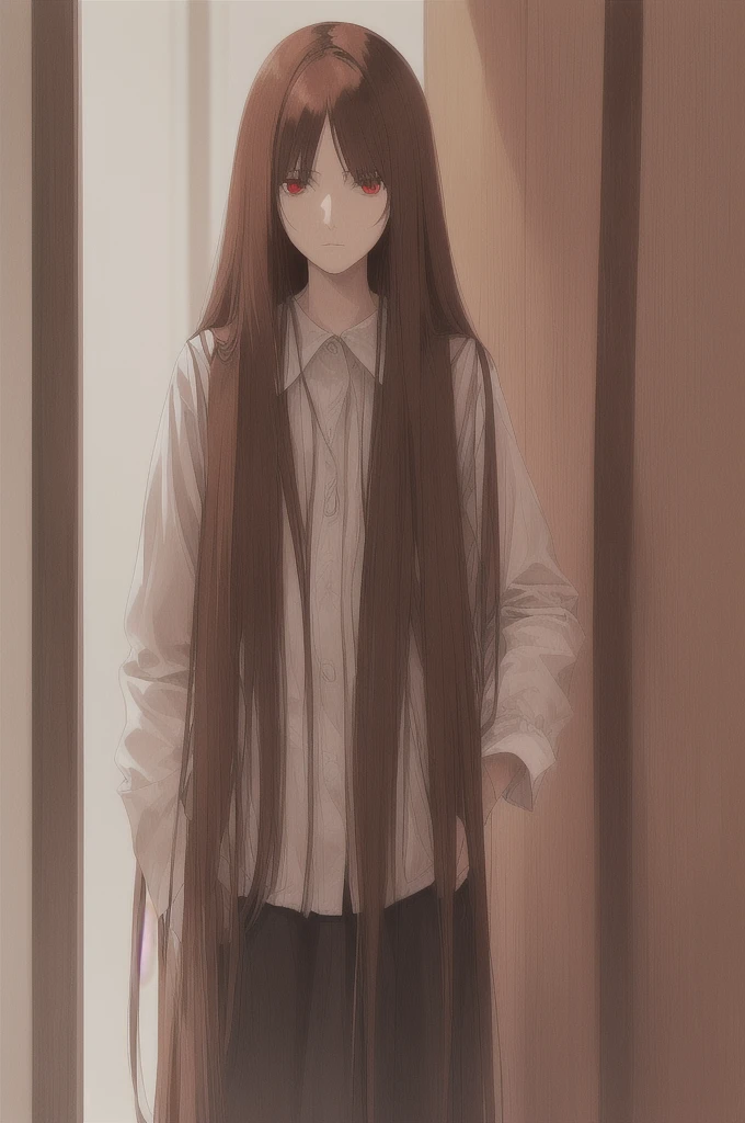 woman, long straight light brown hair, red eyes, with old clothes, dark inhabitant of terror, alone