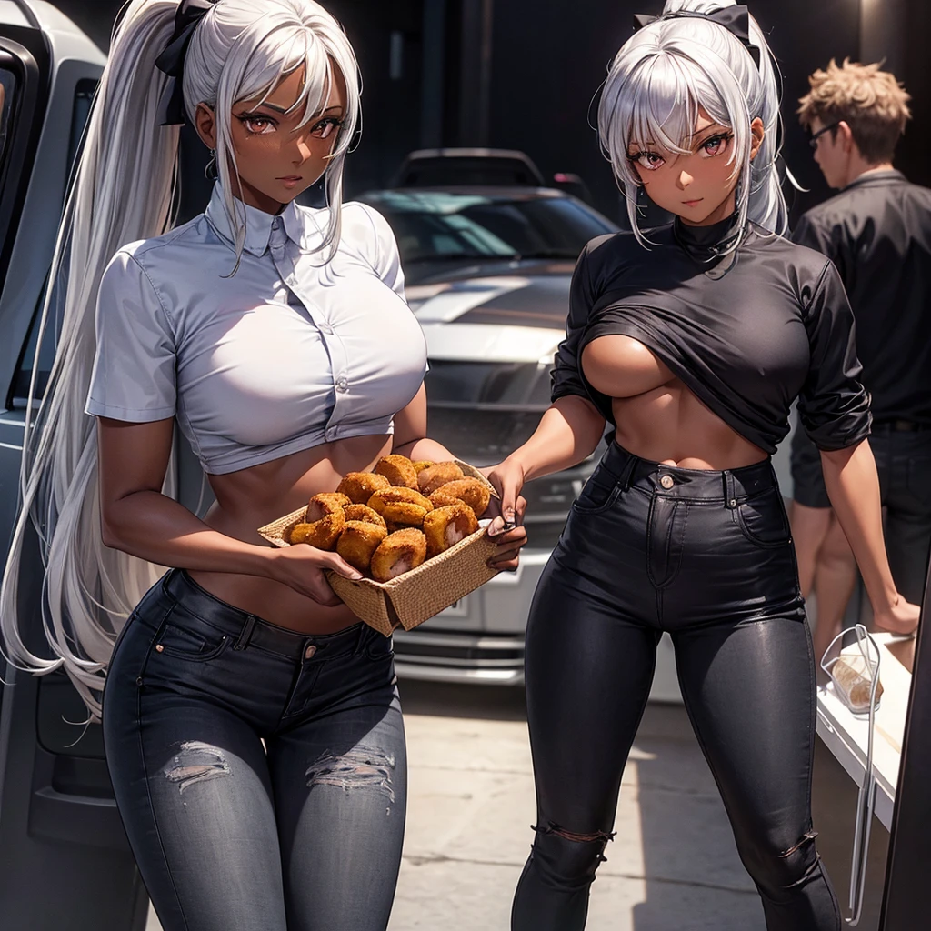 A dark-skinned woman with silver hair in a ponytail, Wearing a black dress shirt and slim jeans, Fried bear meat Showing your belly button