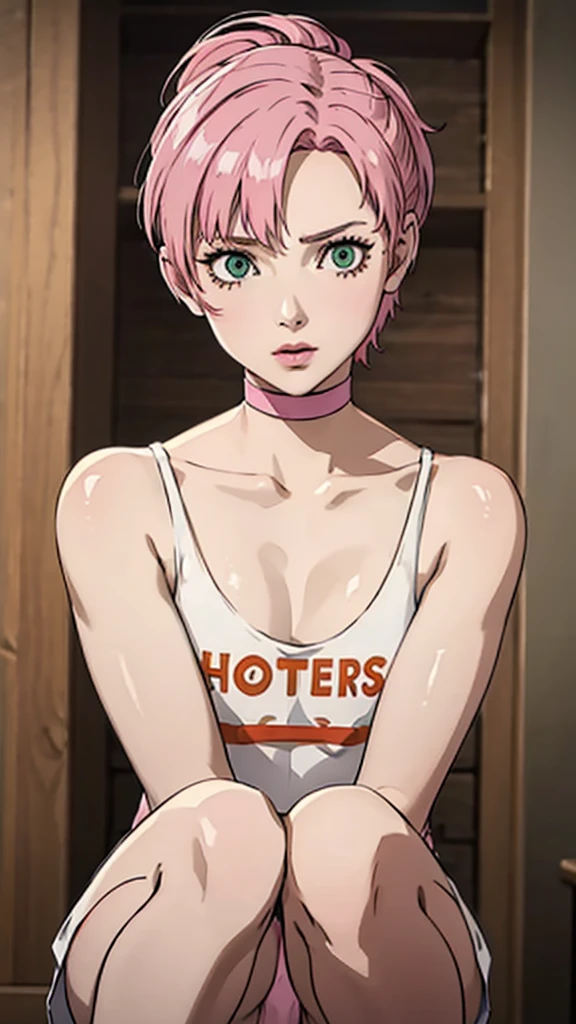 1 femboy, green eyes, very Short hair, pink choker, lipstick, Shy, pink hair , tomboy Pixie haircut, femboy hooters, face portrait , flat chest, ponytail, pose squating , arms up