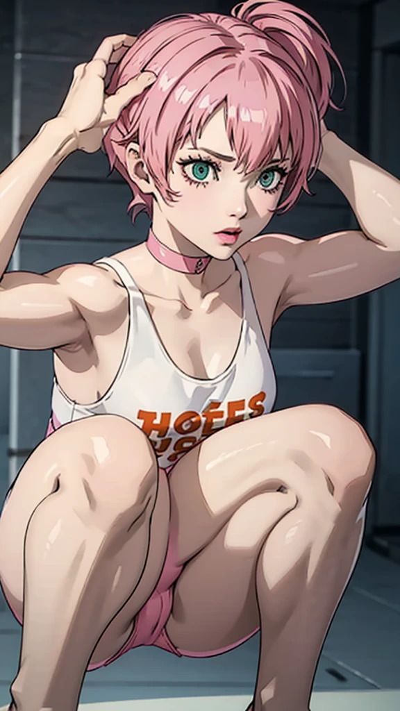 1 femboy, green eyes, very Short hair, pink choker, lipstick, Shy, pink hair , tomboy Pixie haircut, femboy hooters, face portrait , flat chest, ponytail, pose squating , arms up