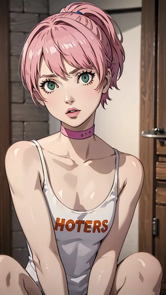 1 femboy, green eyes, very Short hair, pink choker, lipstick, Shy, pink hair , tomboy Pixie haircut, femboy hooters, face portrait , flat chest, ponytail, pose squating , arms up