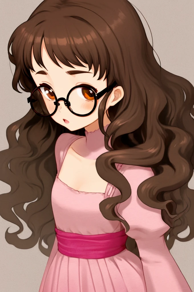 I need an anime style girl with brown eyes, long wavy brown hair, and round glasses the girl must wear a pink and modern princess dress