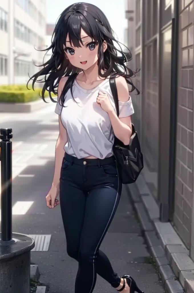mioakiyama, My Akiyama, Long Hair, bangs, Black Hair, (Iris:1.3), Hime cut happy smile, smile, Open your mouth,blush,Cold shoulder tops,skinny pants,Stiletto heels,Walking,The sun is rising,morning,morning陽,whole bodyがイラストに入るように,
break outdoors, School,courtyard,
break looking at viewer, whole body,
break (masterpiece:1.2), Highest quality, High resolution, unity 8k wallpaper, (figure:0.8), (Beautiful attention to detail:1.6), Highly detailed face, Perfect lighting, Highly detailed CG, (Perfect hands, Perfect Anatomy),