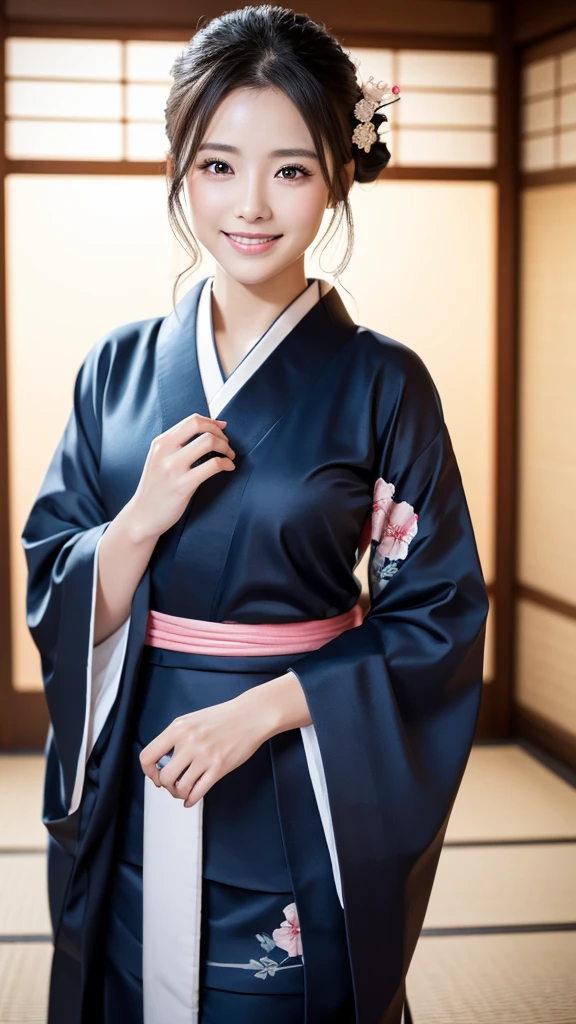 (Super beautiful woman in kimono)、((highest quality、8K masterpiece:1.3))、sharp focus:1.2、(super beautiful face:1.0)、(shiny skin:1.0)、realistic pictures、black hair、video lighting、High resolution eyes and face、video lighting、japanese actress、from the front、with a happy smile、whole body、wearing a kimono、in Kyoto、(luxury obi)、Brush your hair up with your fingers.