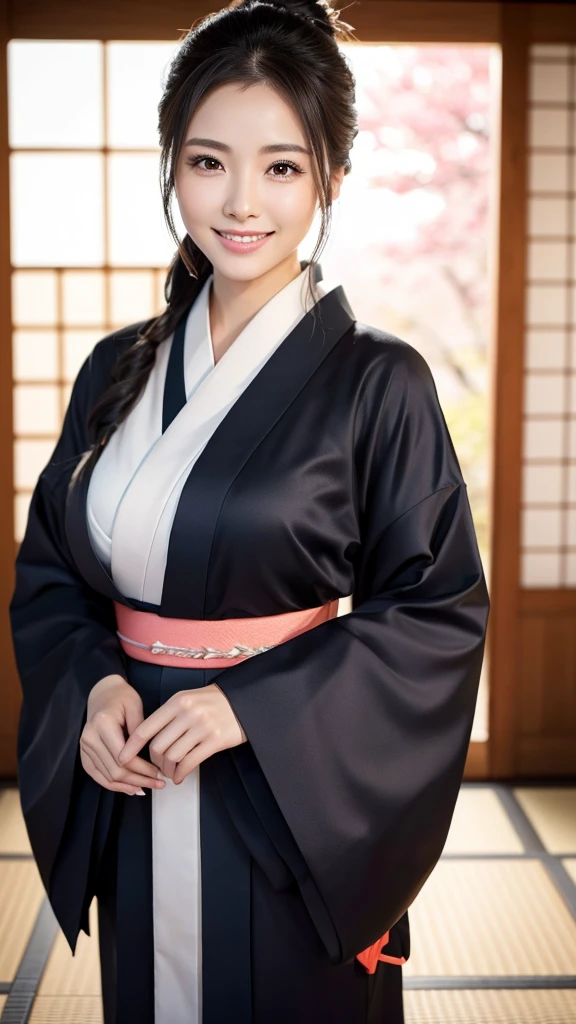 (Super beautiful woman in kimono)、((highest quality、8K masterpiece:1.3))、sharp focus:1.2、(super beautiful face:1.0)、(shiny skin:1.0)、realistic pictures、black hair、video lighting、High resolution eyes and face、video lighting、japanese actress、from the front、with a happy smile、whole body、wearing a kimono、in Kyoto、(luxury obi)、Brush your hair up with your fingers.