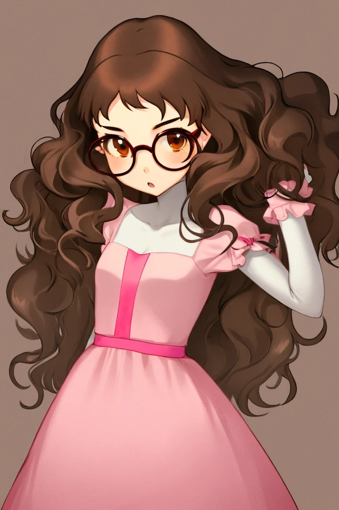 I need an anime style girl with brown eyes, long wavy brown hair, and round glasses the girl must wear a pink and modern princess dress