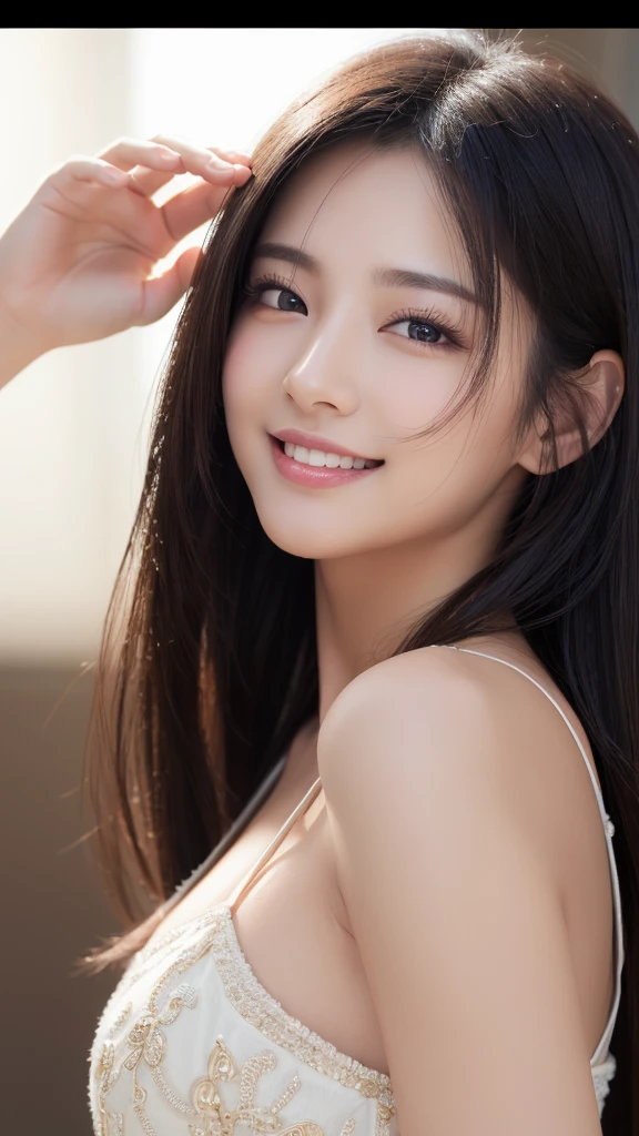 (Super beautiful woman)、((highest quality、8K masterpiece:1.3))、sharp focus:1.2、(super beautiful face:1.0)、(shiny skin:1.0)、realistic pictures、black hair、video lighting、High resolution eyes and face、video lighting、japanese actress、from the front、with a happy smile、whole body、Brush your hair up with your fingers.