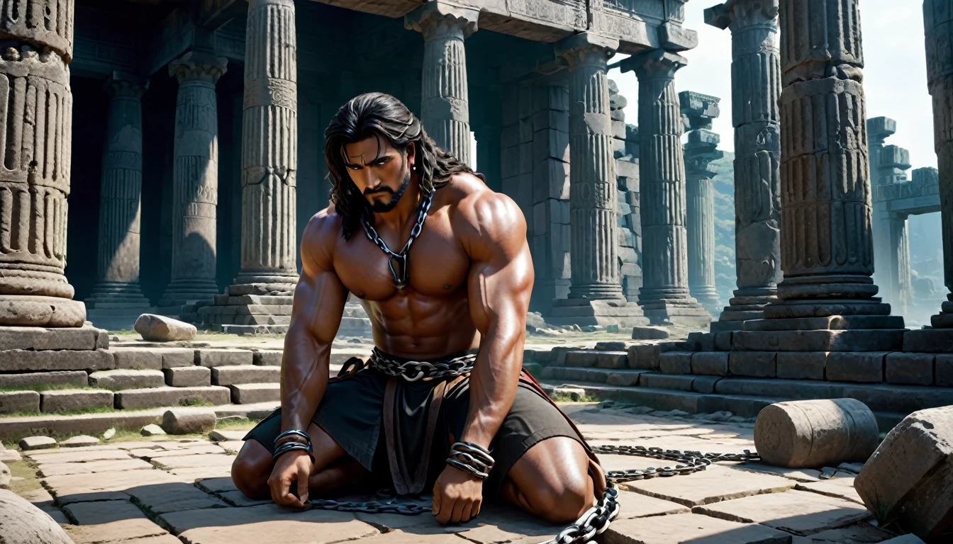 Main figure: (((Samson, with cut hair, chained on his knees prostrate on the ground, with an expression of pain and despair))), Setting: ((Ruins of a temple with broken pillars)). Hyper Realistic, Cinematic.