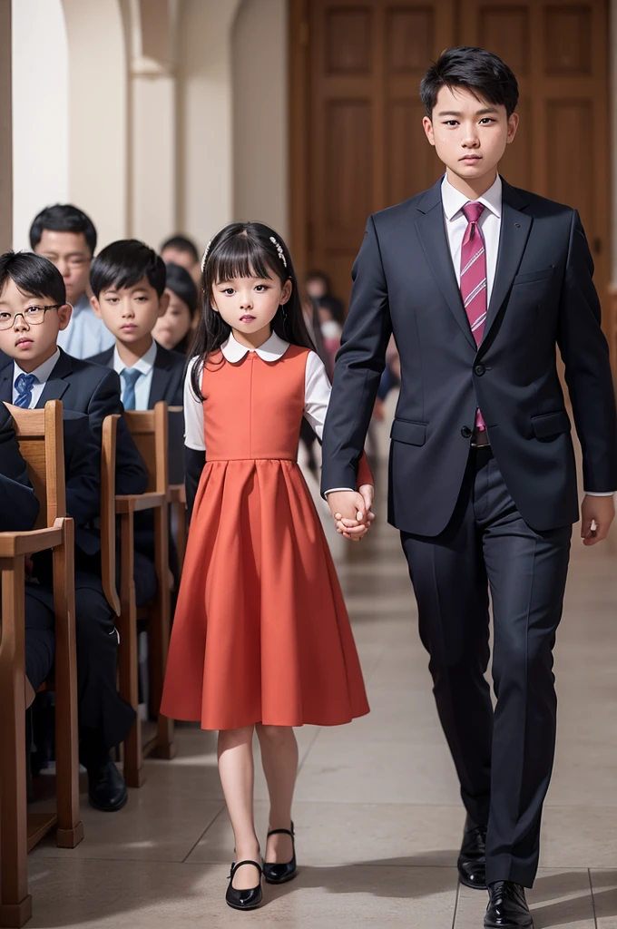 Create an image of a child wearing a MIDI dress and a  wearing formal clothes, in an assembly of God church 