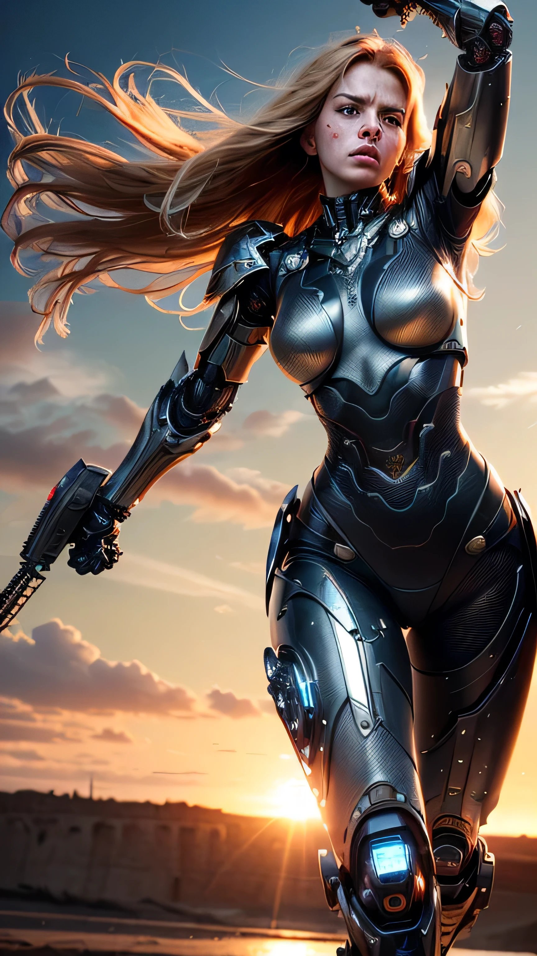 (masterpiece, photorealistic:1.4, extremely intricate:1.3), (photon mapping, radiosity, physically based rendering, ultra resolution, hyper-realistic, hyper-realistic, 8K, (dtx)), muscular girl, ((Sumptuous armor from the late Renaissance, black gold chrome perfectchainmail armor:0.8, ((mechanical limbs, cybernetic arms, futuristic cyborg, ((weapon)))), angry, intense, [skin detail:freckles:0.7])), metal reflections, outdoors, sunset, background futuristic battlefield, far away city destruction, skylaser crater, professional photograph, (long straight ginger hair, wind, windy, running dynamic movement pose, arm raised), sharp focus, dramatic, award winning, (film grain, bokeh, interaction)