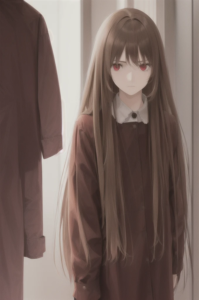 woman, long straight light brown hair, red eyes, with old clothes, dark inhabitant of terror, alone