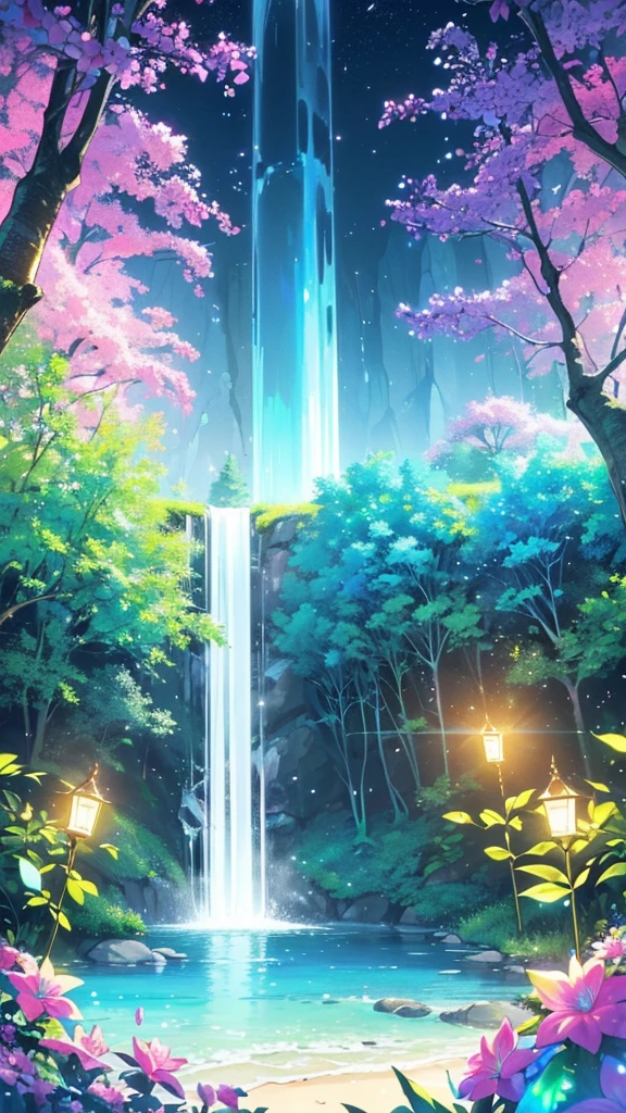 A mystical and enchanted forest, with luminous flowers, multicolored neon butterflies, crystal clear water that flows from a waterfall, beautiful trees, (((unique view with extremely vivid multicolors without any people))), in the background of the scene a mystical white deer with horns , {extremely detailed 16k CG unit wallpaper}, expansive landscape photography, (a low angle view focusing on the character and the sky above), (wide open field view), (low angle shot), ( high light: 1.4), (low light: 1.2), (warm light source: 1.6), complex details, (iridescent colors: 1.6), (bright lighting), (atmospheric lighting), Dreamy, unique, no people, reflections perfect