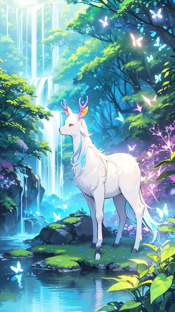 A mystical and enchanted forest, with luminous flowers, multicolored neon butterflies, crystal clear water that flows from a waterfall, beautiful trees, (((unique view with extremely vivid multicolors without any people))), in the background of the scene a mystical white deer with horns , {extremely detailed 16k CG unit wallpaper}, expansive landscape photography, (a low angle view focusing on the character and the sky above), (wide open field view), (low angle shot), ( high light: 1.4), (low light: 1.2), (warm light source: 1.6), complex details, (iridescent colors: 1.6), (bright lighting), (atmospheric lighting), Dreamy, unique, no people, reflections perfect