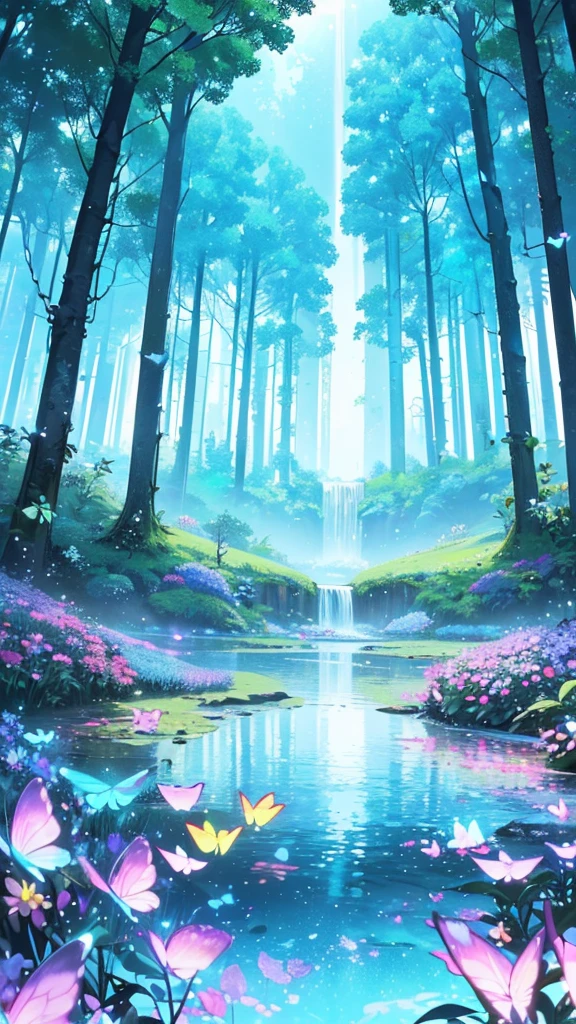 A mystical and enchanted forest, with luminous flowers, multicolored neon butterflies, crystal clear water that flows from a waterfall, beautiful trees, (((unique view with extremely vivid multicolors without any people))), in the background of the scene a mystical white deer with horns , {extremely detailed 16k CG unit wallpaper}, expansive landscape photography, (a low angle view focusing on the character and the sky above), (wide open field view), (low angle shot), ( high light: 1.4), (low light: 1.2), (warm light source: 1.6), complex details, (iridescent colors: 1.6), (bright lighting), (atmospheric lighting), Dreamy, unique, no people, reflections perfect
