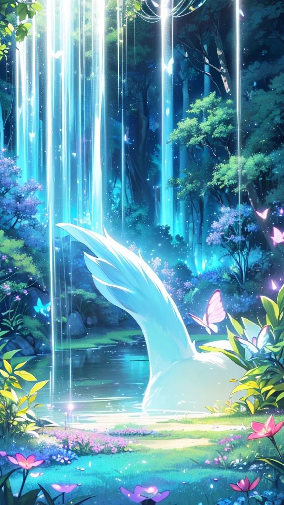 A mystical and enchanted forest, with luminous flowers, multicolored neon butterflies, crystal clear water that flows from a waterfall, beautiful trees, (((unique view with extremely vivid multicolors without any people))), in the background of the scene a mystical white deer with horns , {extremely detailed 16k CG unit wallpaper}, expansive landscape photography, (a low angle view focusing on the character and the sky above), (wide open field view), (low angle shot), ( high light: 1.4), (low light: 1.2), (warm light source: 1.6), complex details, (iridescent colors: 1.6), (bright lighting), (atmospheric lighting), Dreamy, unique, no people, reflections perfect