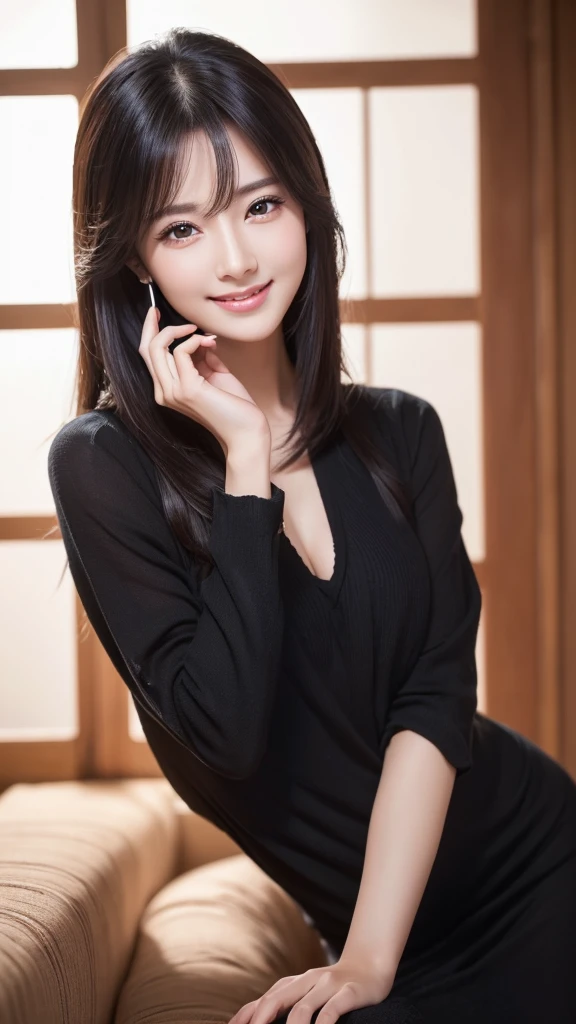 (Super beautiful woman)、((highest quality、8K masterpiece:1.3))、sharp focus:1.2、(super beautiful face:1.0)、(shiny skin:1.0)、realistic pictures、black hair、video lighting、High resolution eyes and face、video lighting、japanese actress、from the front、with a happy smile、whole body、Brush your hair up with your fingers.