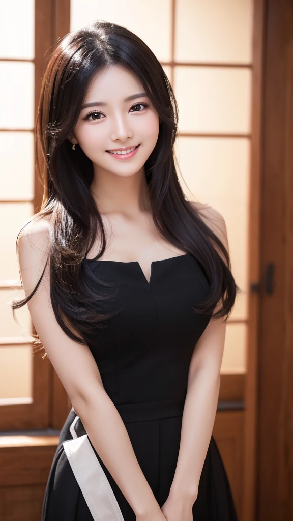 (Super beautiful woman)、((highest quality、8K masterpiece:1.3))、sharp focus:1.2、(super beautiful face:1.0)、(shiny skin:1.0)、realistic pictures、black hair、video lighting、High resolution eyes and face、video lighting、japanese actress、from the front、with a happy smile、whole body、Brush your hair up with your fingers.