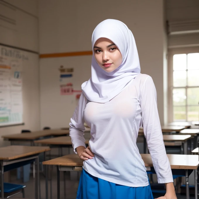 1girl, white dress, wearing white hijab, blue skirt, long sleeve white silk shirt,classroom background, beautiful, pretty, blushing, flawless, best quality, masterpiece, ultra high res, (photorealistic:1.4), raw photo, (large breasts, full body:1.2), creative upscale, standing pose, 