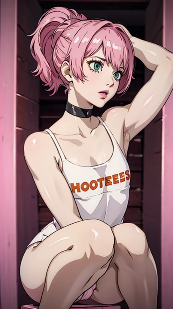 1 femboy, green eyes, very Short hair, pink choker, lipstick, Shy, pink hair , tomboy Pixie haircut, femboy hooters, face portrait , flat chest, ponytail, pose squating , arms up