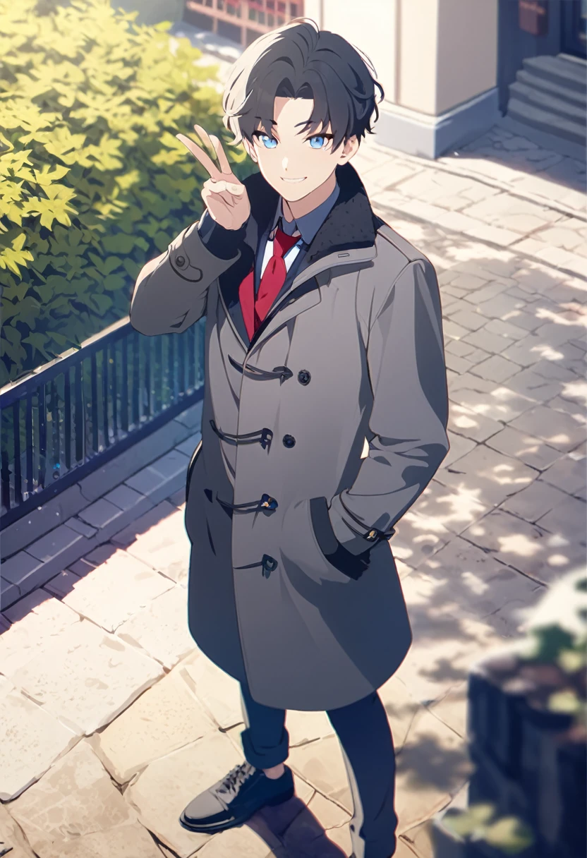 masterpiece,depth of field,8K,looking at the viewer,gray long coat,I made a V with my hands,black leather shoes,black hair,blue eyes,afternoon,man,hands in pockets,smiling,alone,Handsome,(charismatic eyes 1:1),wseifuku