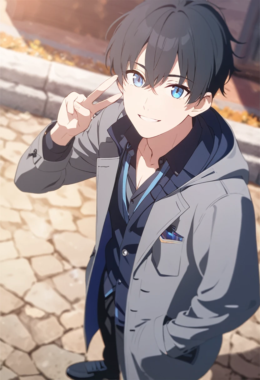 masterpiece,depth of field,8K,looking at the viewer,gray long coat,I made a V with my hands,black leather shoes,black hair,blue eyes,afternoon,man,hands in pockets,smiling,alone,Handsome,(charismatic eyes 1:1),wseifuku